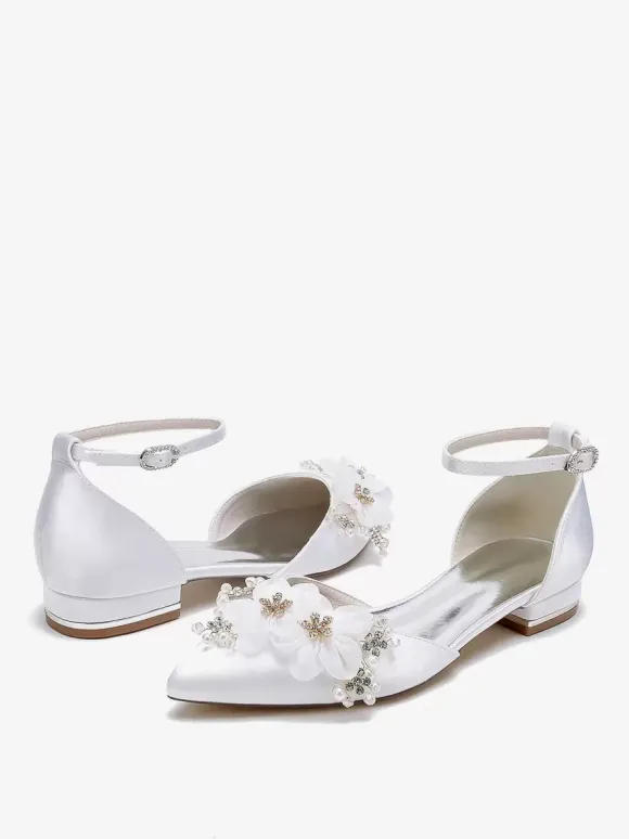 Chaussures de mariée Chaussures plates de mariage fleur en satin à bout pointu