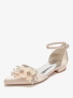Chaussures de mariée Chaussures plates de mariage fleur en satin à bout pointu