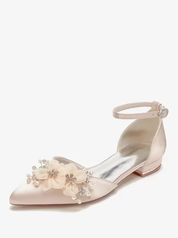 Chaussures de mariée Chaussures plates de mariage fleur en satin à bout pointu