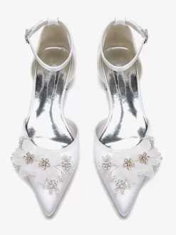 Chaussures de mariée Chaussures plates de mariage fleur en satin à bout pointu