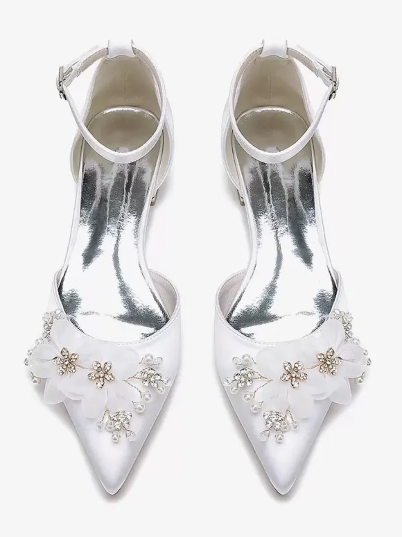 Chaussures de mariée Chaussures plates de mariage fleur en satin à bout pointu