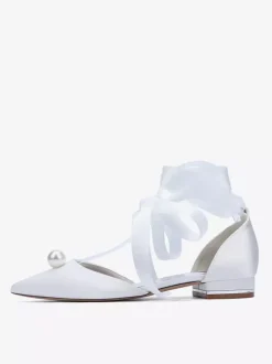 Chaussures de mariée en satin à bout pointu et à lacets avec perles