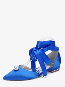 Chaussures de mariée en satin à bout pointu et à lacets avec perles