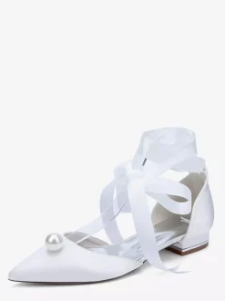 Chaussures de mariée en satin à bout pointu et à lacets avec perles