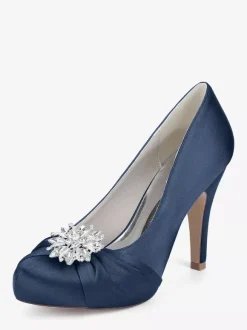 Chaussures de mariée en satin à bout rond et talons hauts avec strass
