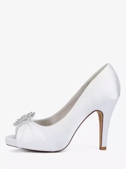 Chaussures de mariée en satin à talons hauts et bout ouvert avec strass