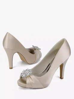 Chaussures de mariée en satin à talons hauts et bout ouvert avec strass