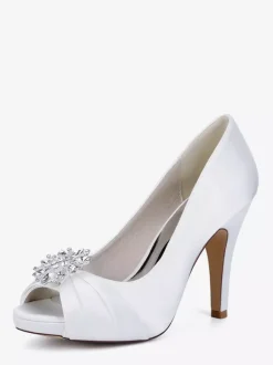 Chaussures de mariée en satin à talons hauts et bout ouvert avec strass