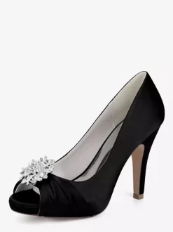 Chaussures de mariée en satin à talons hauts et bout ouvert avec strass