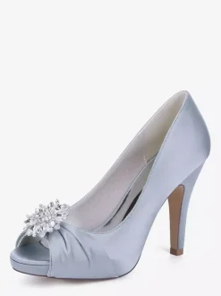 Chaussures de mariée en satin à talons hauts et bout ouvert avec strass