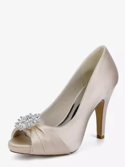 Chaussures de mariée en satin à talons hauts et bout ouvert avec strass