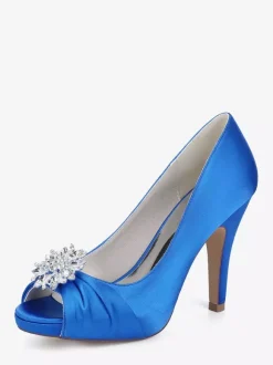 Chaussures de mariée en satin à talons hauts et bout ouvert avec strass