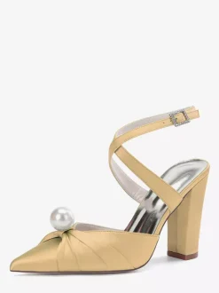 Chaussures de mariée en satin à talons épais et bout pointu avec perles