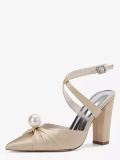 Chaussures de mariée en satin à talons épais et bout pointu avec perles