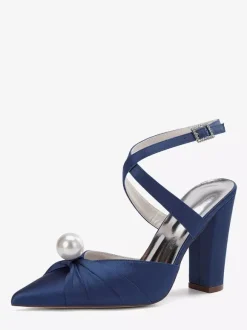 Chaussures de mariée en satin à talons épais et bout pointu avec perles