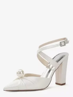 Chaussures de mariée en satin à talons épais et bout pointu avec perles