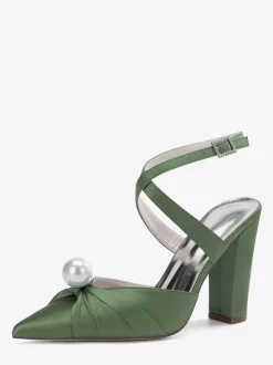 Chaussures de mariée en satin à talons épais et bout pointu avec perles