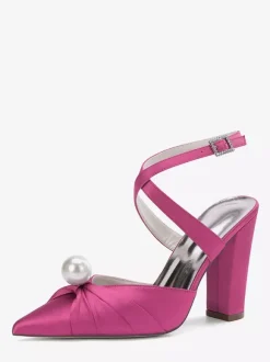 Chaussures de mariée en satin à talons épais et bout pointu avec perles