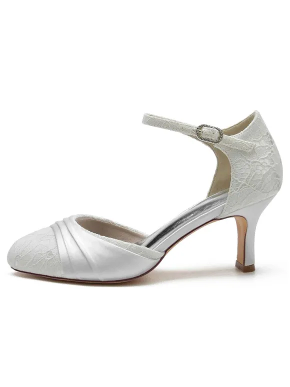 Chaussures de Mariée Femme à Talons Hauts avec Bout Rond en Dentelle Unicolore