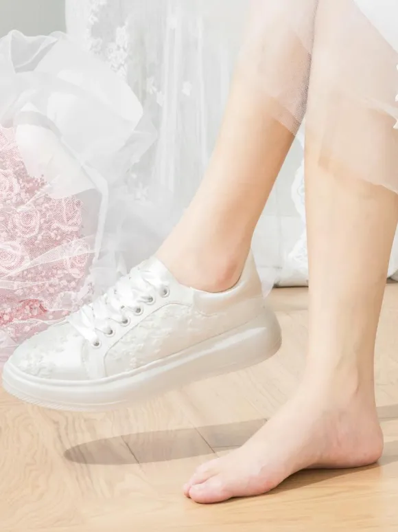 Chaussures de mariée femme mariage en dentelle à bout rond