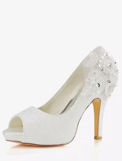 Chaussures de mariée ivoire en dentelle bout pointu talon haut