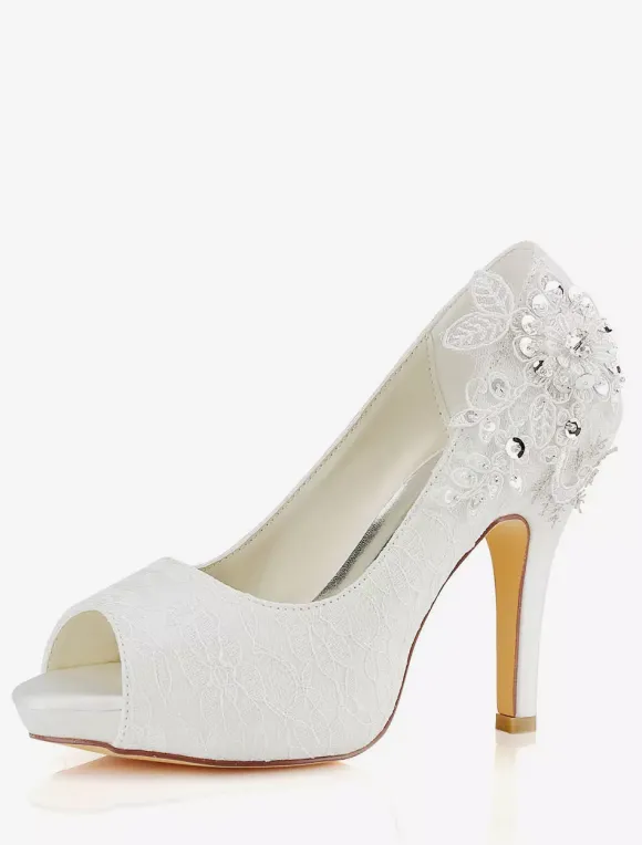 Chaussures de mariée ivoire en dentelle bout pointu talon haut