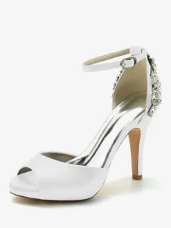 Chaussures De Mariée Pour Femmes Satin Bout Ouvert Strass Talon Épais Chaussures De Mariage