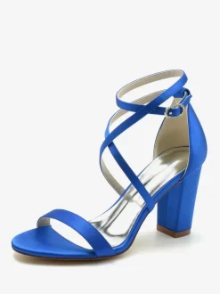 Chaussures De Mariée Pour Femme Satin Champagne Bout Ouvert Talon Épais Chaussures De Mariage À Lacet Cheville