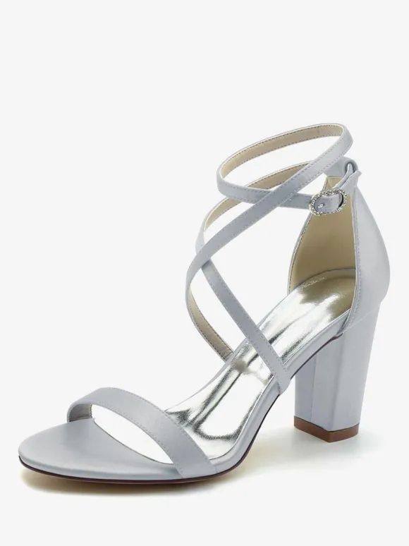 Chaussures De Mariée Pour Femme Satin Champagne Bout Ouvert Talon Épais Chaussures De Mariage À Lacet Cheville