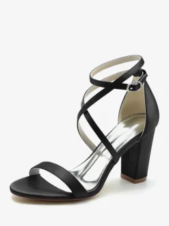 Chaussures De Mariée Pour Femme Satin Champagne Bout Ouvert Talon Épais Chaussures De Mariage À Lacet Cheville