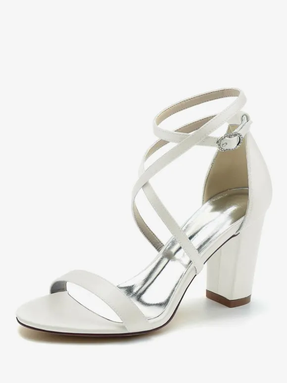 Chaussures De Mariée Pour Femme Satin Champagne Bout Ouvert Talon Épais Chaussures De Mariage À Lacet Cheville