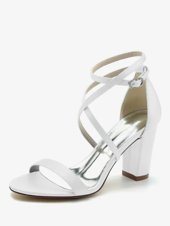 Chaussures De Mariée Pour Femme Satin Champagne Bout Ouvert Talon Épais Chaussures De Mariage À Lacet Cheville