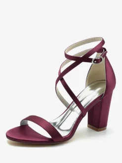 Chaussures De Mariée Pour Femme Satin Champagne Bout Ouvert Talon Épais Chaussures De Mariage À Lacet Cheville