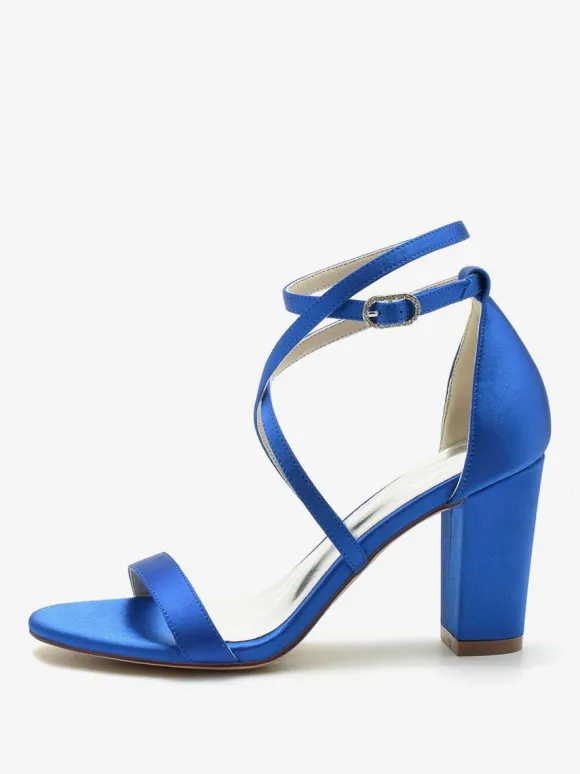 Chaussures De Mariée Pour Femme Satin Champagne Bout Ouvert Talon Épais Chaussures De Mariage À Lacet Cheville