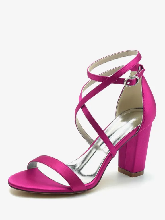 Chaussures De Mariée Pour Femme Satin Champagne Bout Ouvert Talon Épais Chaussures De Mariage À Lacet Cheville