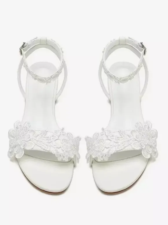 Chaussures de mariée pour femmes bout ouvert dentelle fleurs bride à la cheville