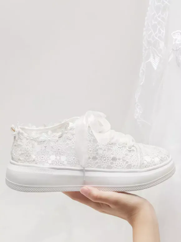 Chaussures De Mariée Transparentes En Dentelle Bout Rond Skate À Lacets