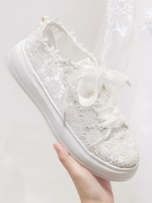 Chaussures De Mariée Transparentes En Dentelle Bout Rond Skate À Lacets