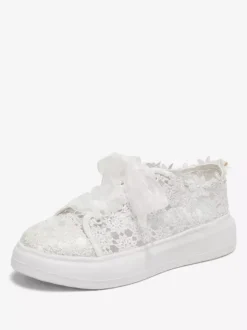 Chaussures De Mariée Transparentes En Dentelle Bout Rond Skate À Lacets