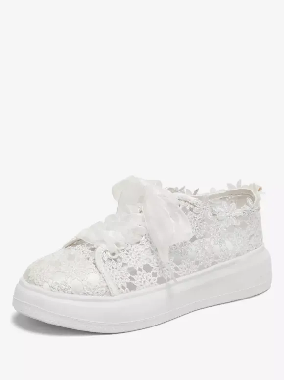 Chaussures De Mariée Transparentes En Dentelle Bout Rond Skate À Lacets