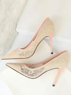 Chaussures De Mariée Transparentes Noires En Dentelle À Bout Pointu Escarpins Mariage