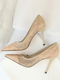 Chaussures De Mariée Transparentes Noires En Dentelle À Bout Pointu Escarpins Mariage