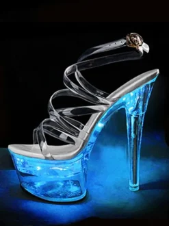 Chaussures de pole dance sandales sexy pour femme ombré PVC tige bout ouvert talon conique ciel talon haut bride à la cheville talons chaussures de strip-teaseuse