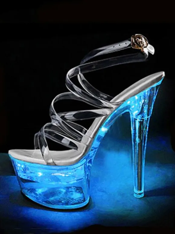 Chaussures de pole dance sandales sexy pour femme ombré PVC tige bout ouvert talon conique ciel talon haut bride à la cheville talons chaussures de strip-teaseuse