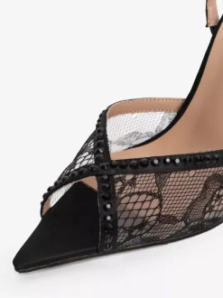 Chaussures de soirée en dentelle à bout ouvert et strass noirs chaussures de soirée à talons hauts et bride arrière