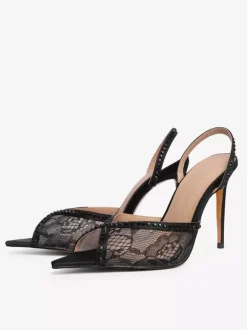Chaussures de soirée en dentelle à bout ouvert et strass noirs chaussures de soirée à talons hauts et bride arrière