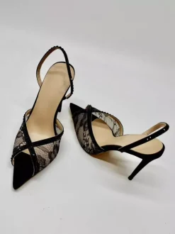 Chaussures de soirée en dentelle à bout ouvert et strass noirs chaussures de soirée à talons hauts et bride arrière