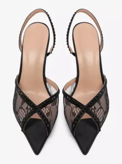 Chaussures de soirée en dentelle à bout ouvert et strass noirs chaussures de soirée à talons hauts et bride arrière
