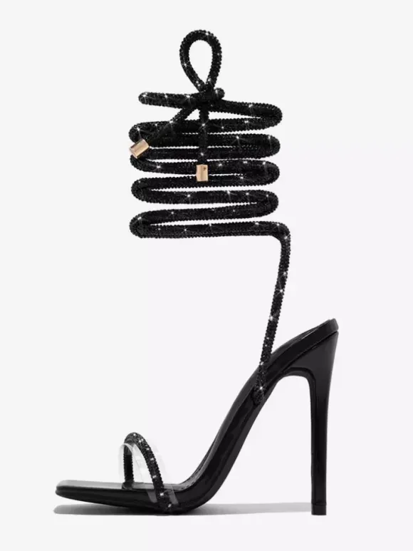 Chaussures de soirée noires à paillettes et bout ouvert sandales à talons hauts et lacets chaussures de bal