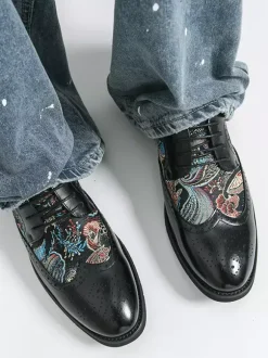 Chaussures Derby noires pour hommes bout rond imprimées style Oxford